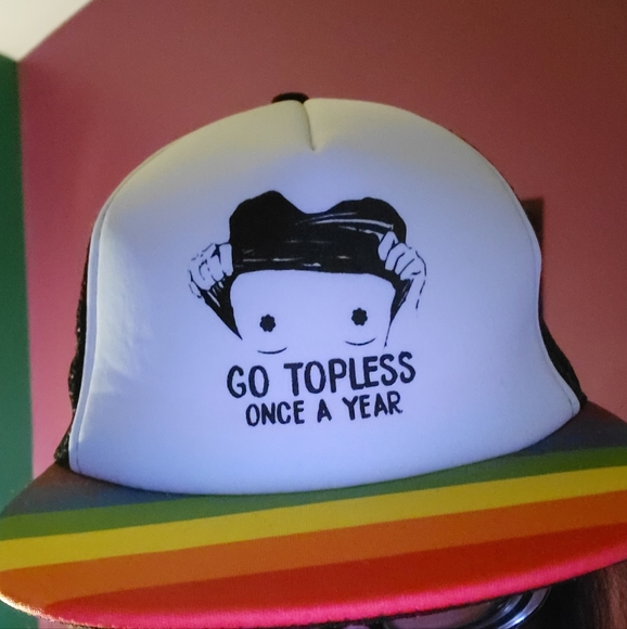 Snapback "Go Topless Once A Year" Pride Rainbow Trucker Hat - Picture 3 of 6
